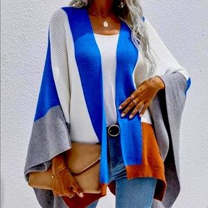 Color block cardigan, knit, open neckline and dolman sleeves